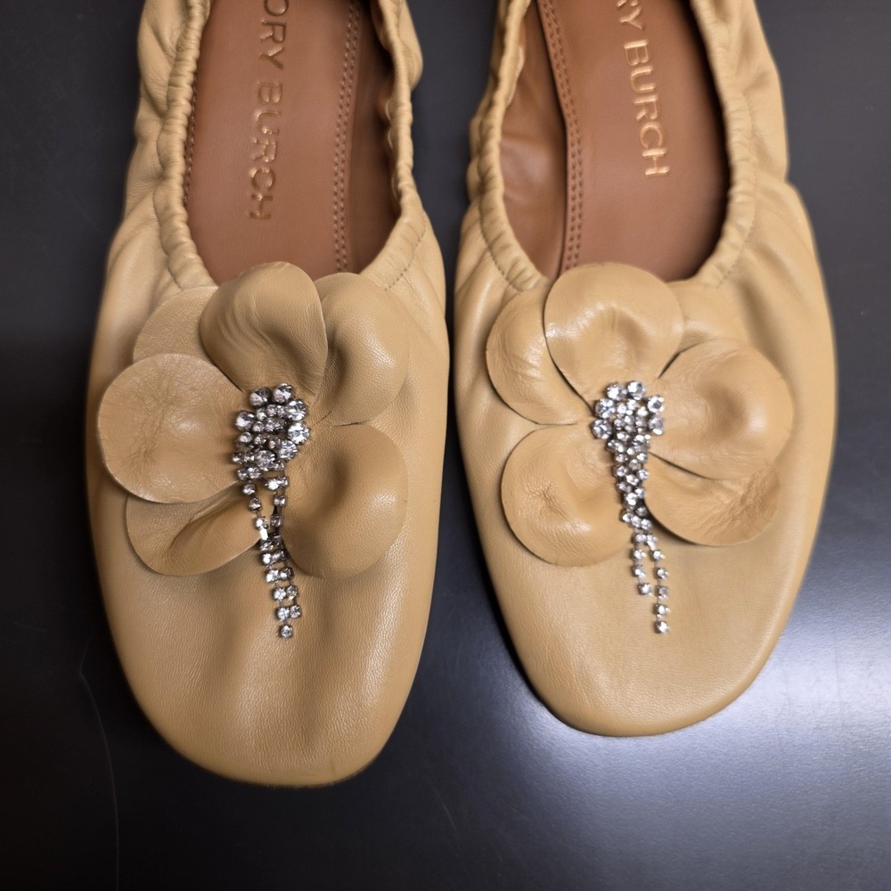 Tory Burch Ballet Flat Shoes Women 9.5 Beige Leather Rhinestone Floral - Picture 7 of 9